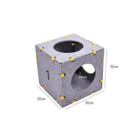Felt cat play cube with multiple openings, measuring 30cm, designed for playful and cozy cat environments.