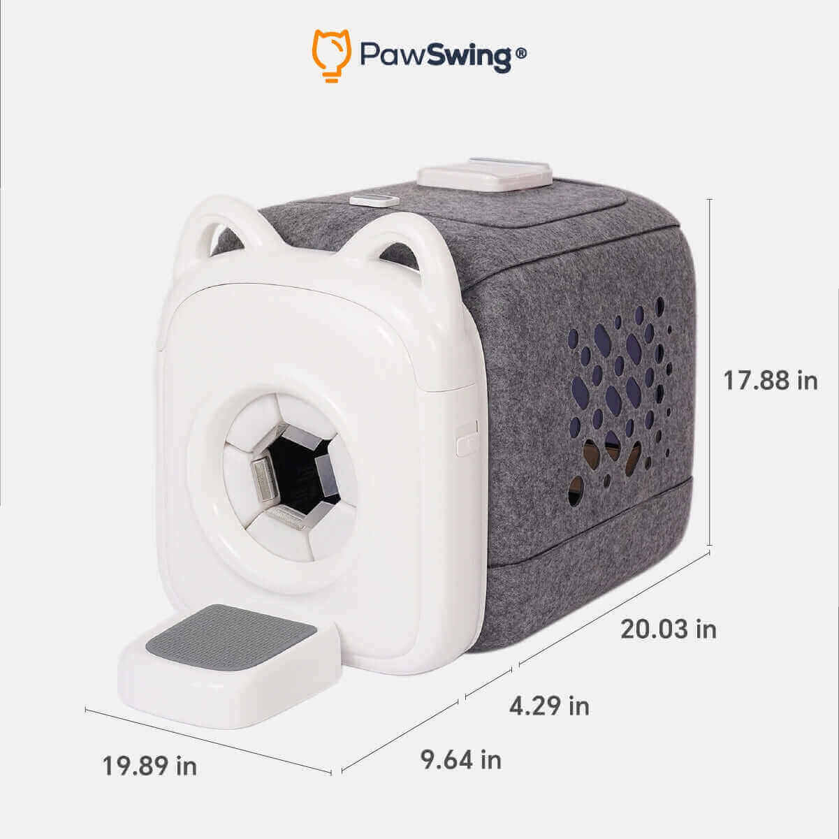 PawSwing AutoComb Pro grooming tool with cat ear design, slightly used, dimensions shown.