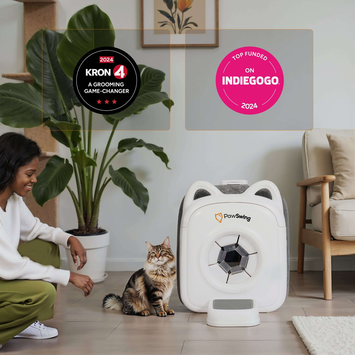 Woman interacting with a cat next to the PawSwing AutoComb Pro, a top-funded grooming solution on Indiegogo.