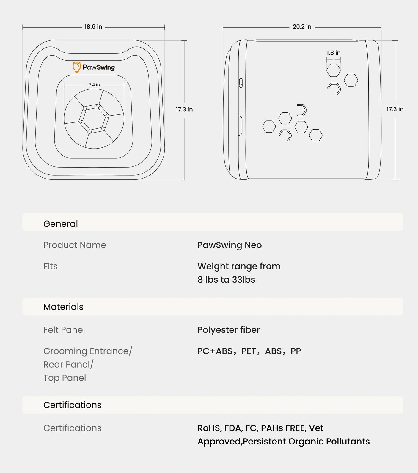 Technical specifications and features of the PawSwing Neo