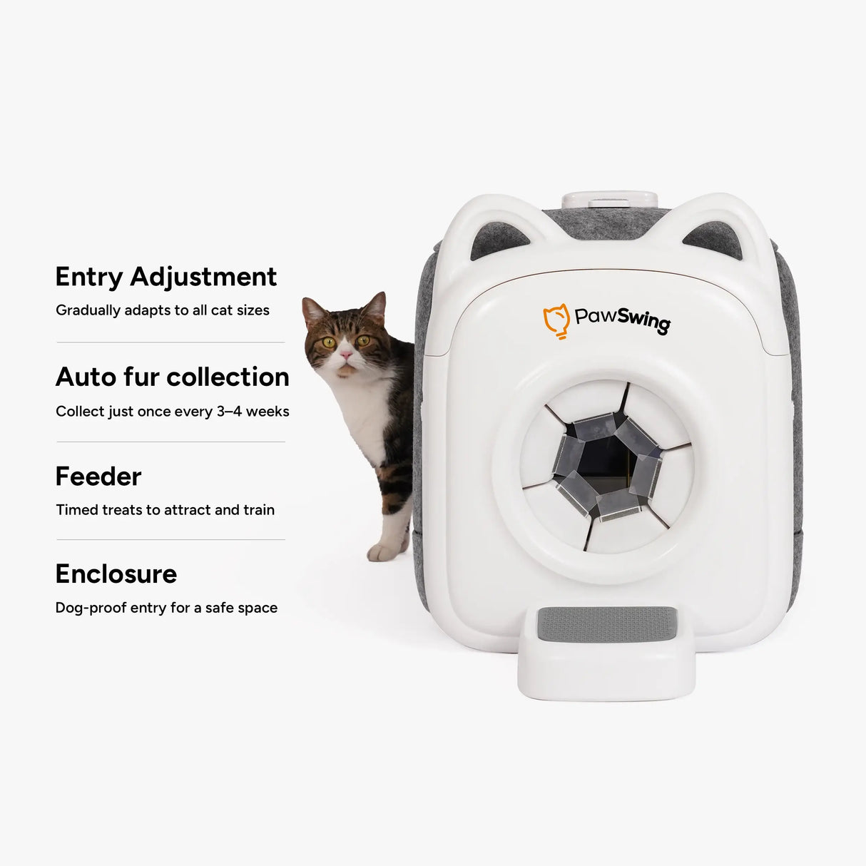 PawSwing AutoComb Pro features: adjustable entry, auto fur collection, timed feeder, and dog-proof enclosure.