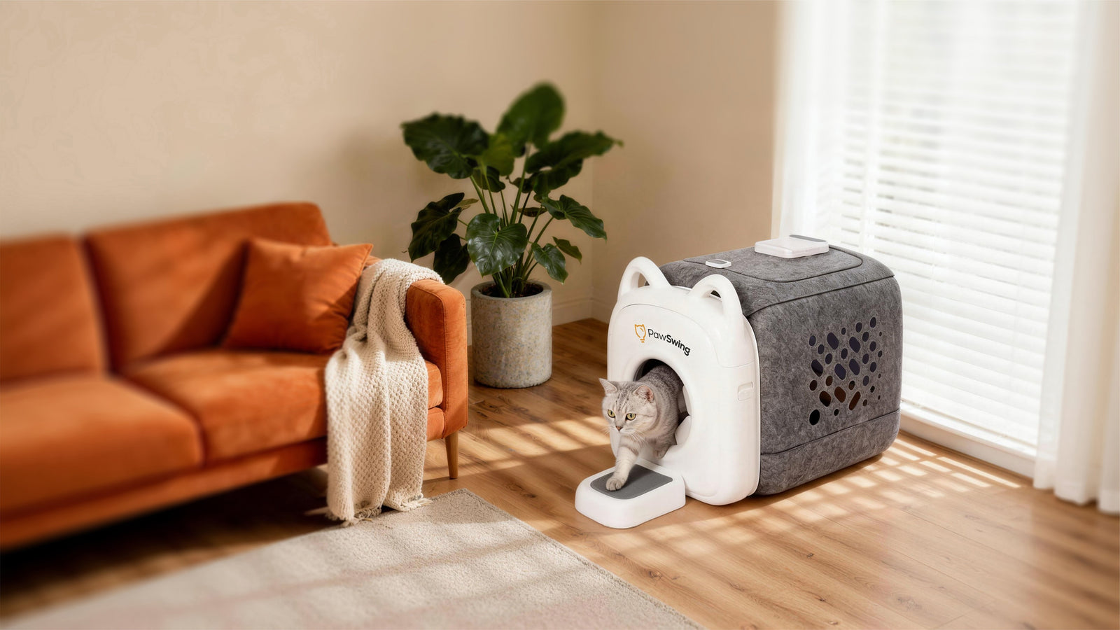 Cat uses the PawSwing Neo self-grooming cat house