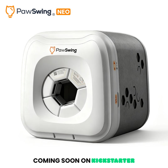 PawSwing NEO device on a white background with 'Coming Soon on Kickstarter' text.